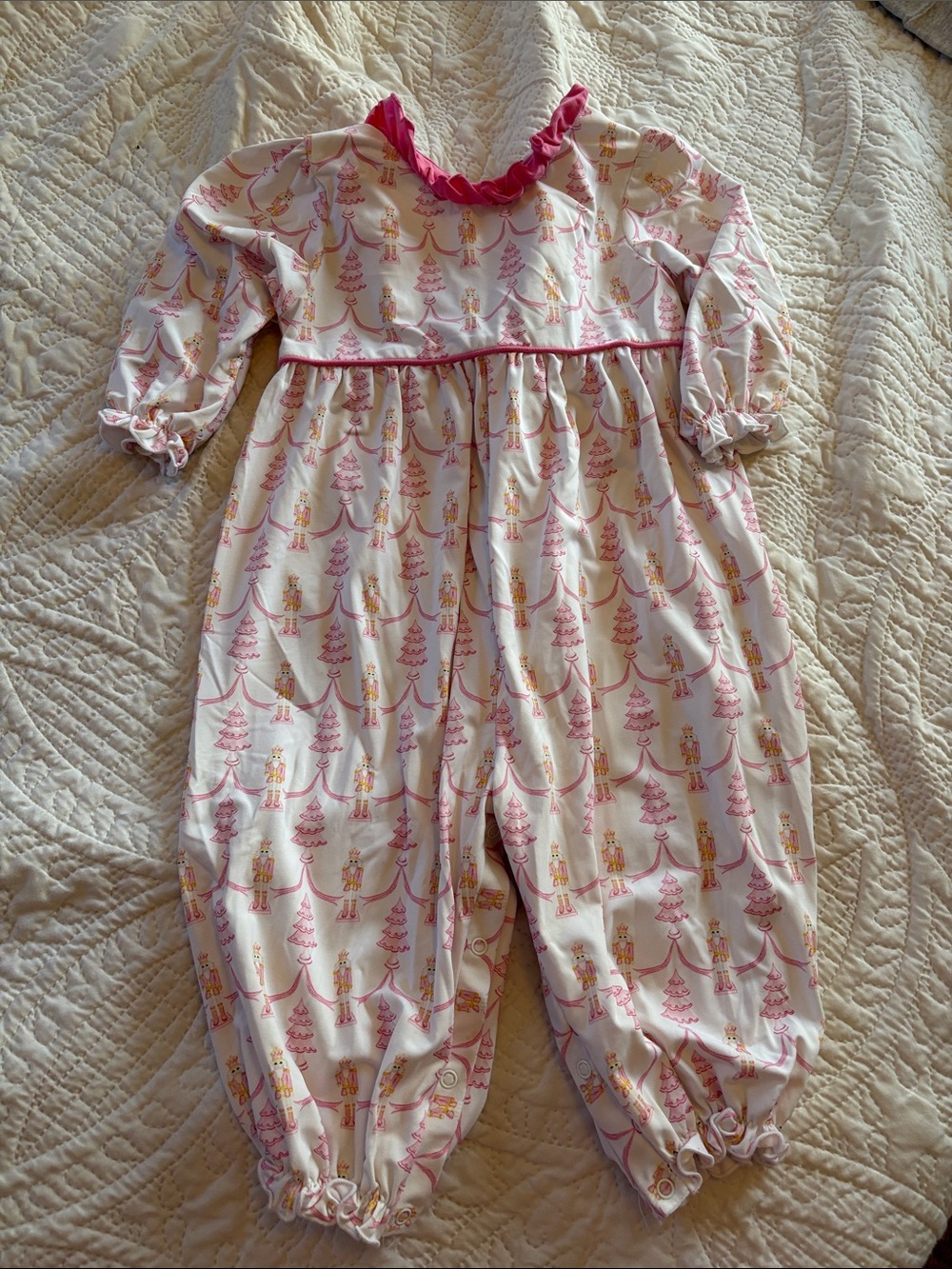 Girls Pink Nutcracker Print Long-Sleeve Pajama Romper